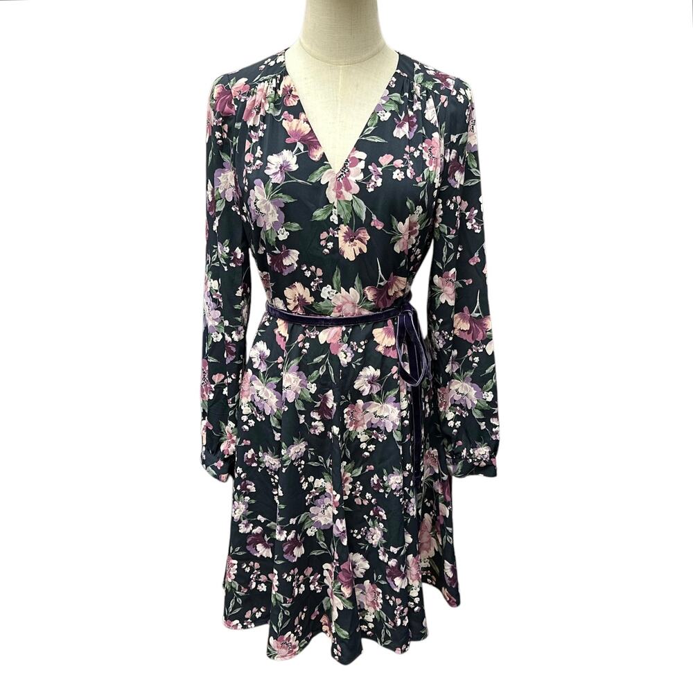 Gal Meets Glam Women’s Sz 2 Rosalind Floral Long Sleeve Fit & Flare Dress - Navy